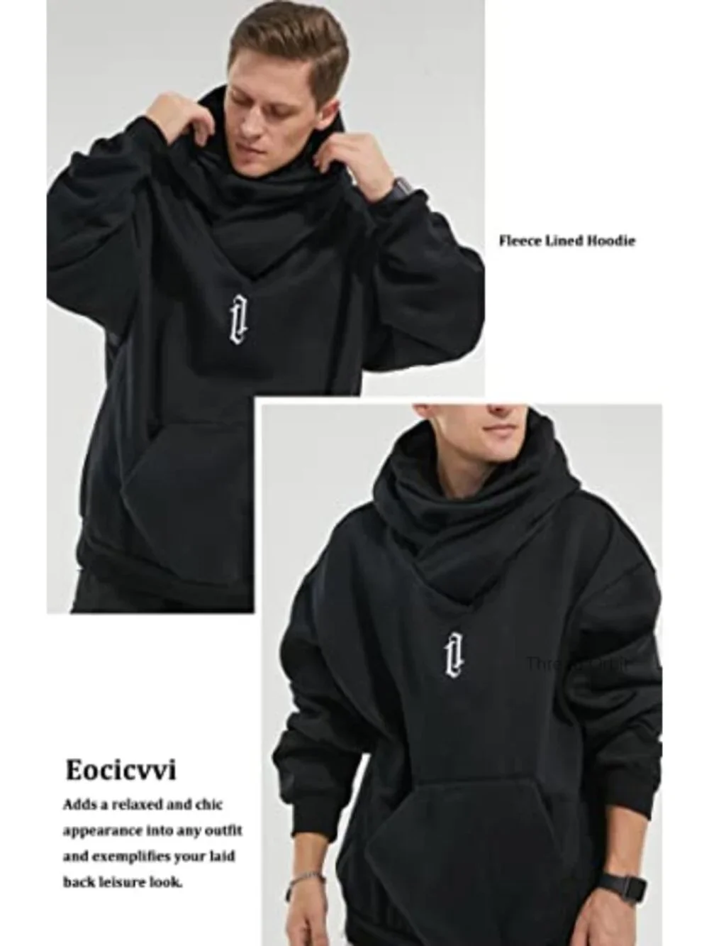 Men's Fleece Hoodie Cowl Neck Sweatshirt with Embroidery Kangaroo Pocket